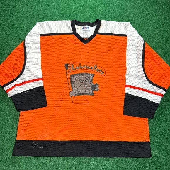 Vintage 80s RARE INSANE The Lubricators Condom Mens XXL Orange Hockey Jersey